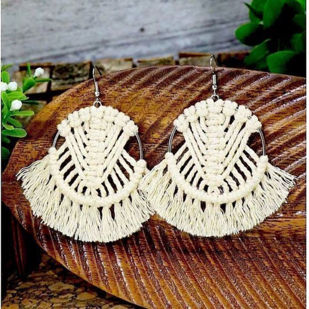 🌟Bohemian Cream Fringe Macrame Statement Earrings Festival Beachy Hoops Jewelry